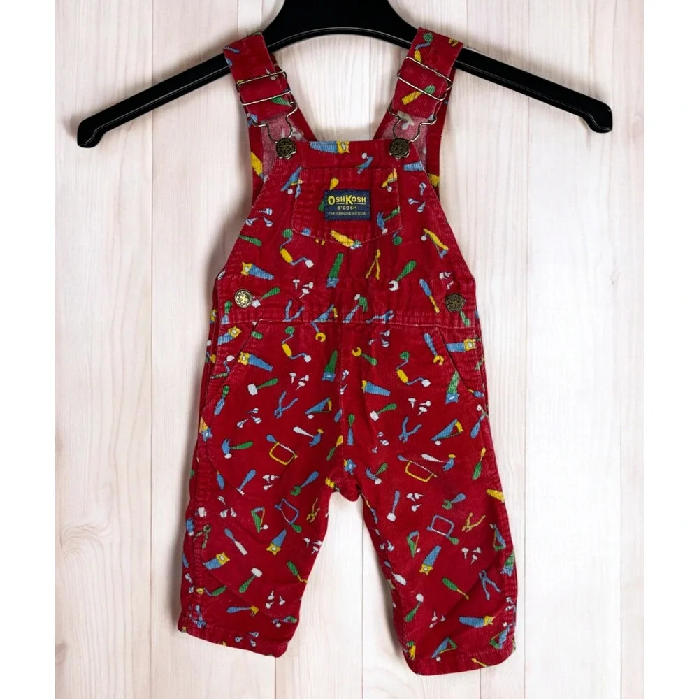 Vintage OshKosh B'Gosh Bib Overalls Red Corduroy Toolbox Tools USA Made 18 Month - Picture 16 of 16